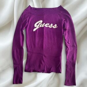 Y2K vintage Guess graphic purple off the shoulder long sleeve sweater preppy